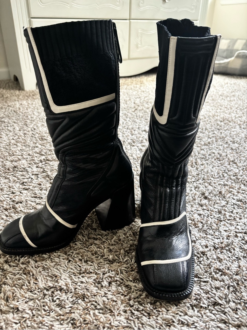 Chloe Black Mid-Calf Boots with White Piping - Picture 2 of 4